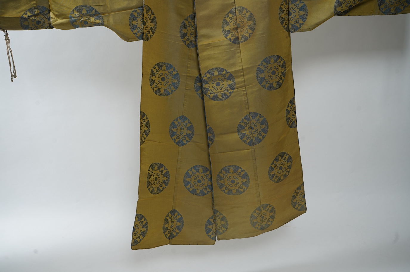 Two 1880-1920 Japanese green silk damask Kariginu, ‘hunting cloth’ robes, worn not as ‘hunting robes’ at this period, but as day wear for high ranking male Imperial Court nobles, traditionally worn with a sash at the wai